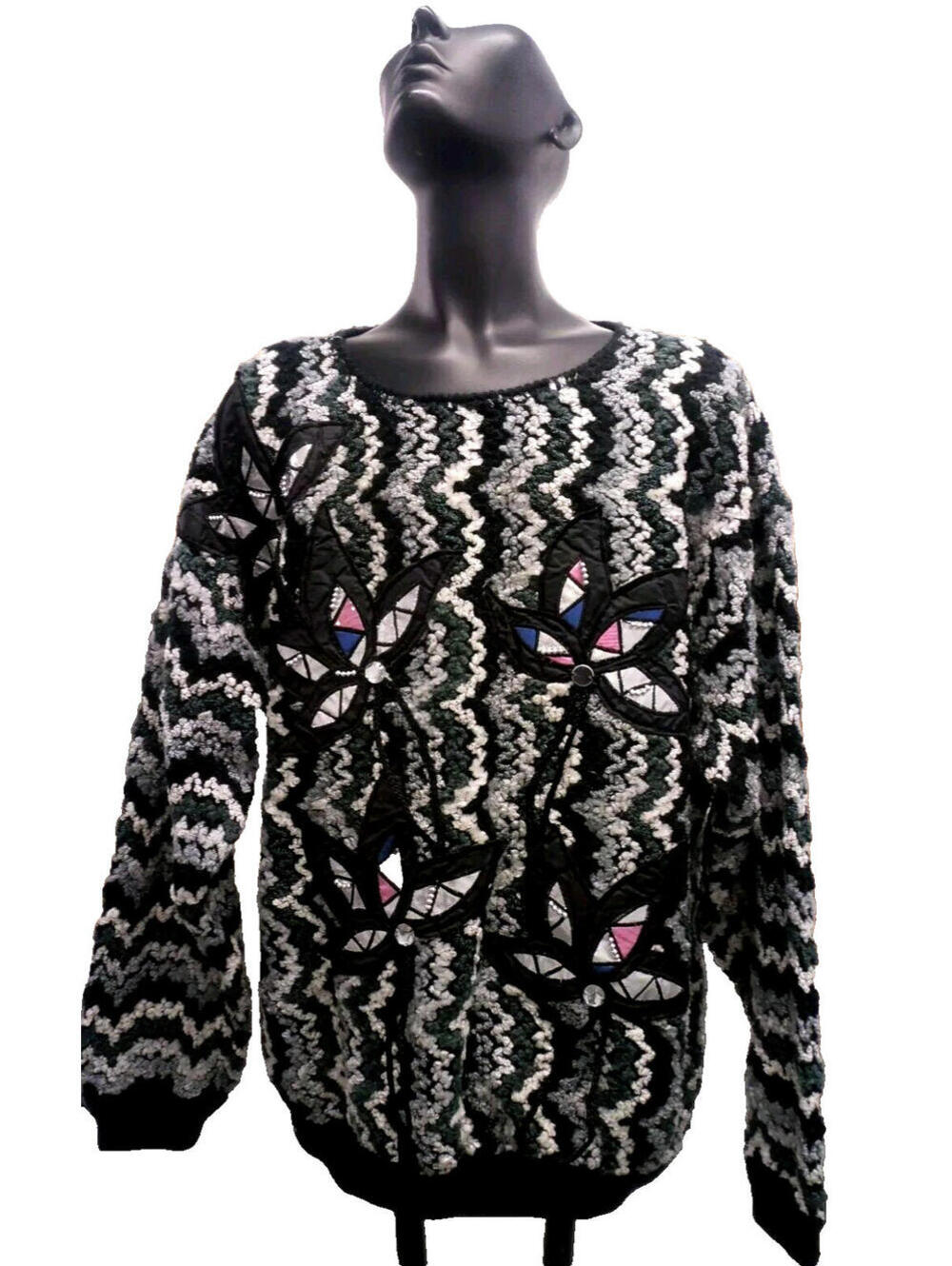 Vintage CARDUCCI Metallic Geometric L Sweater Embellished Zig Zag Black Gray UNI